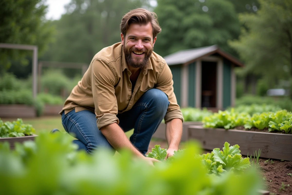 Homme en jardinage dans un potager verdoyant