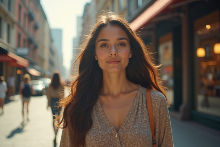 Jeune actrice marchant dans une ville dynamique en plein jour