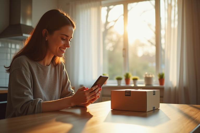Jeune adulte avec smartphone dans la cuisine lumineuse