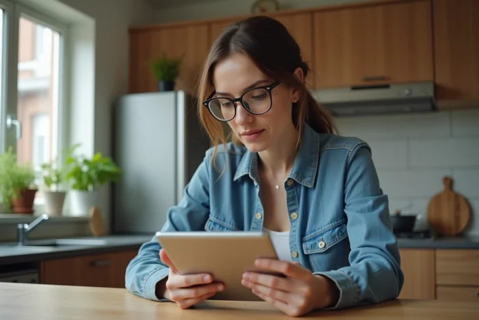 Jeune femme en denim lisant sur une tablette dans la cuisine