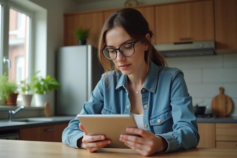 Jeune femme en denim lisant sur une tablette dans la cuisine