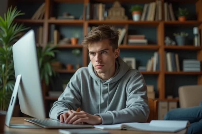 Jeune homme concentré devant son ordinateur dans un bureau