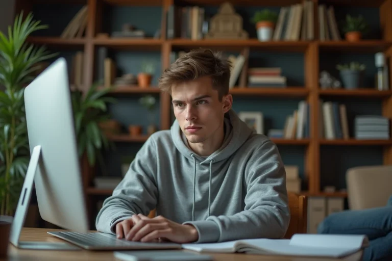 Jeune homme concentré devant son ordinateur dans un bureau