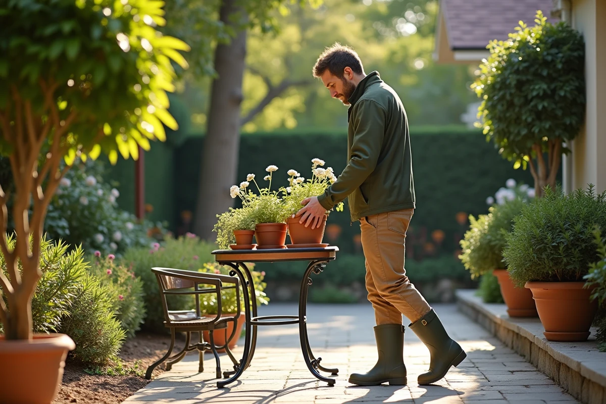 Jeune homme arrangeant des plantes en pot dans le jardin
