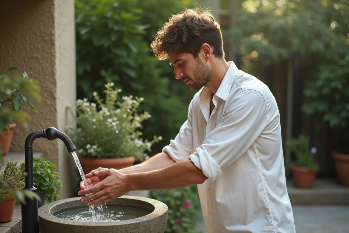 Jeune homme se lavant le visage dans un jardin
