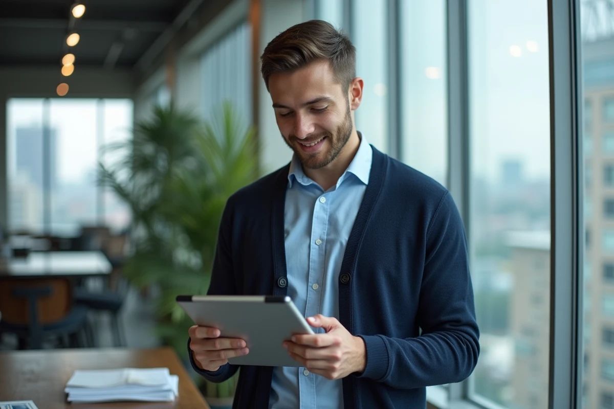 Jeune homme dans un lounge regardant sa tablette