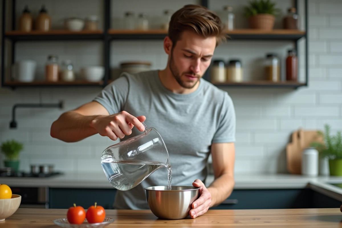 Jeune homme verse de leau dans un bol en cuisine moderne