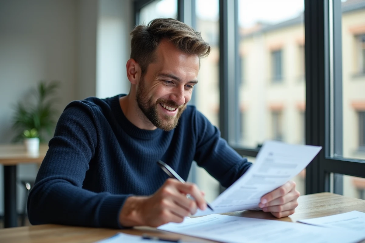 Jeune homme vérifiant un formulaire CERFA 13757 dans un appartement lumineux