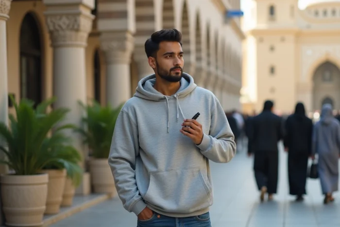 Jeune musulman en rue avec vape en main contemplatif