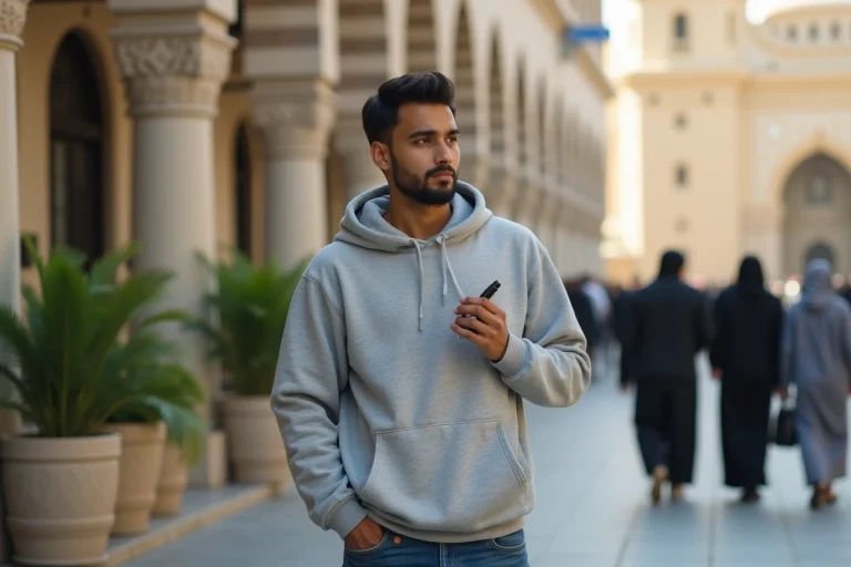 Jeune musulman en rue avec vape en main contemplatif