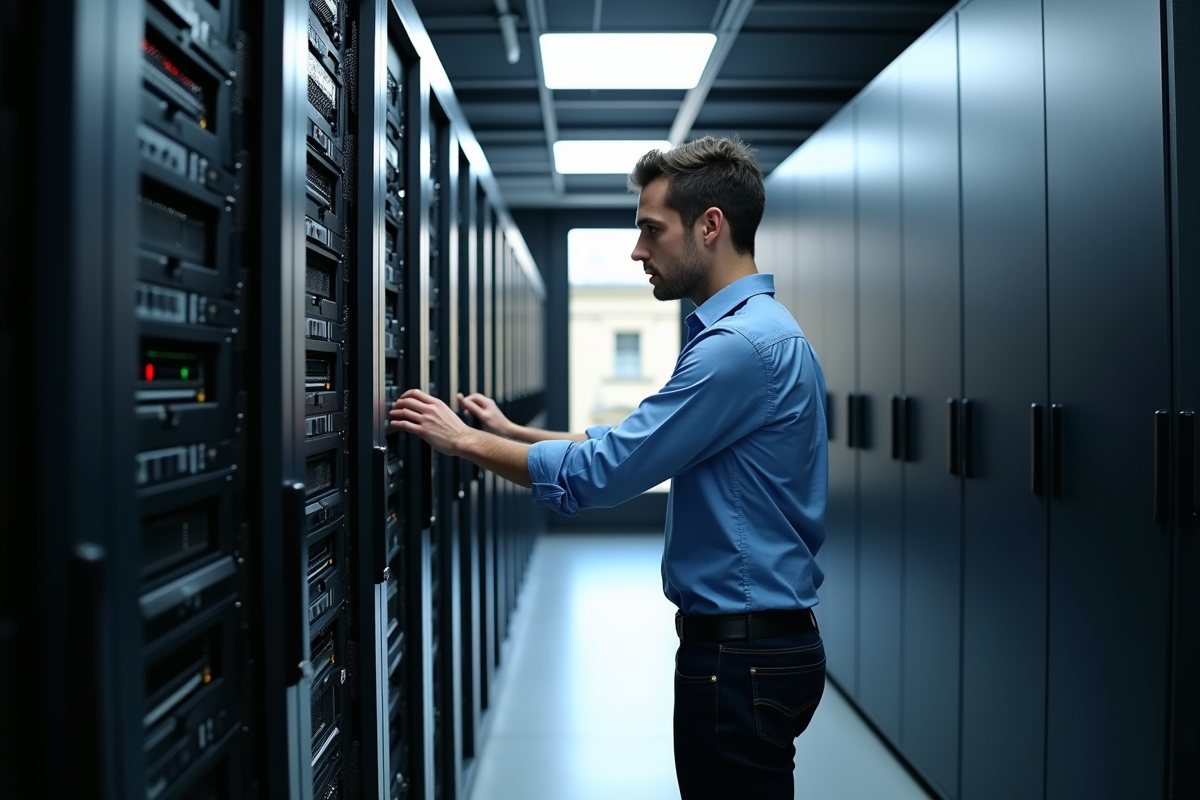 Jeune homme français installant un serveur dans un centre de données