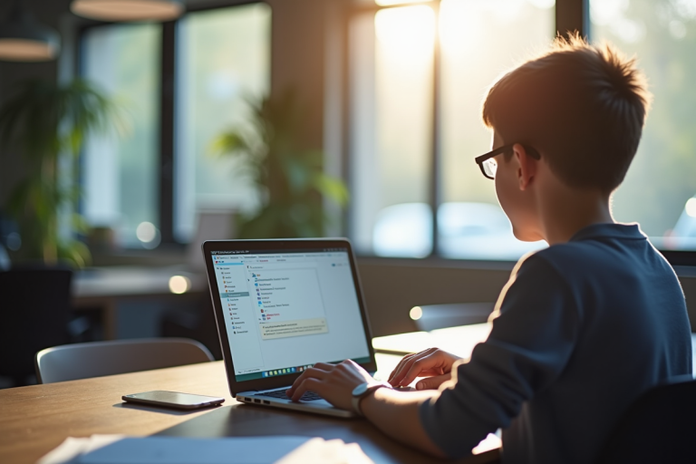 Jeune personne utilisant un ordinateur portable à un bureau lumineux