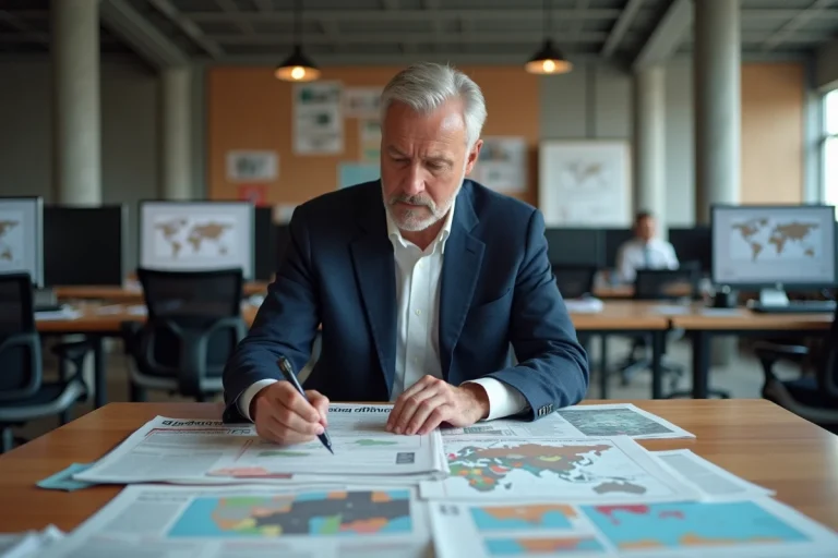 Journaliste analysant des journaux internationaux dans une salle de rédaction moderne pour décrypter l'actualité mondiale