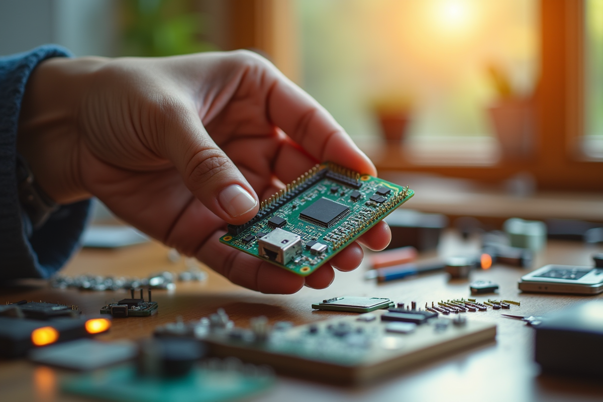 Main tenant une carte microcontroleur sur un espace de travail ensoleille