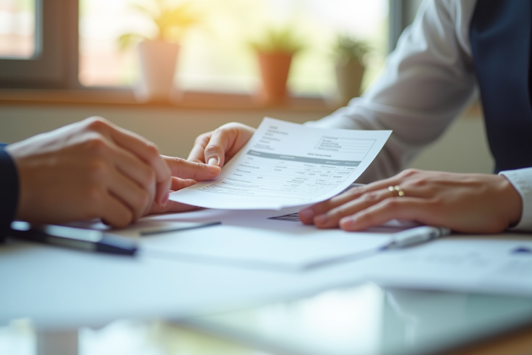 Mains tenant une fiche de paie dans un bureau lumineux