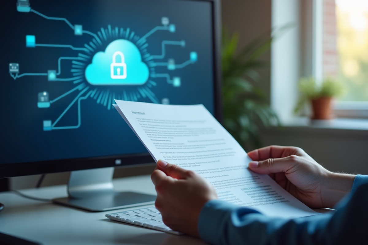 Mains tenant un document avec symbole de securite cloud
