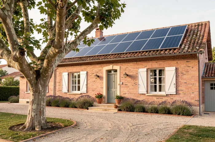 Maison traditionnelle en brique rose à Toulouse avec installation complète de panneaux solaires photovoltaïques sur le toit