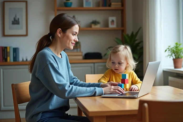 Jeune maman avec enfant jouant à la maison moderne