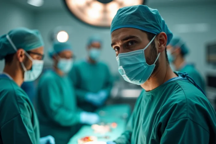 Médecin spécialiste en bloc opératoire concentré sur une intervention chirurgicale