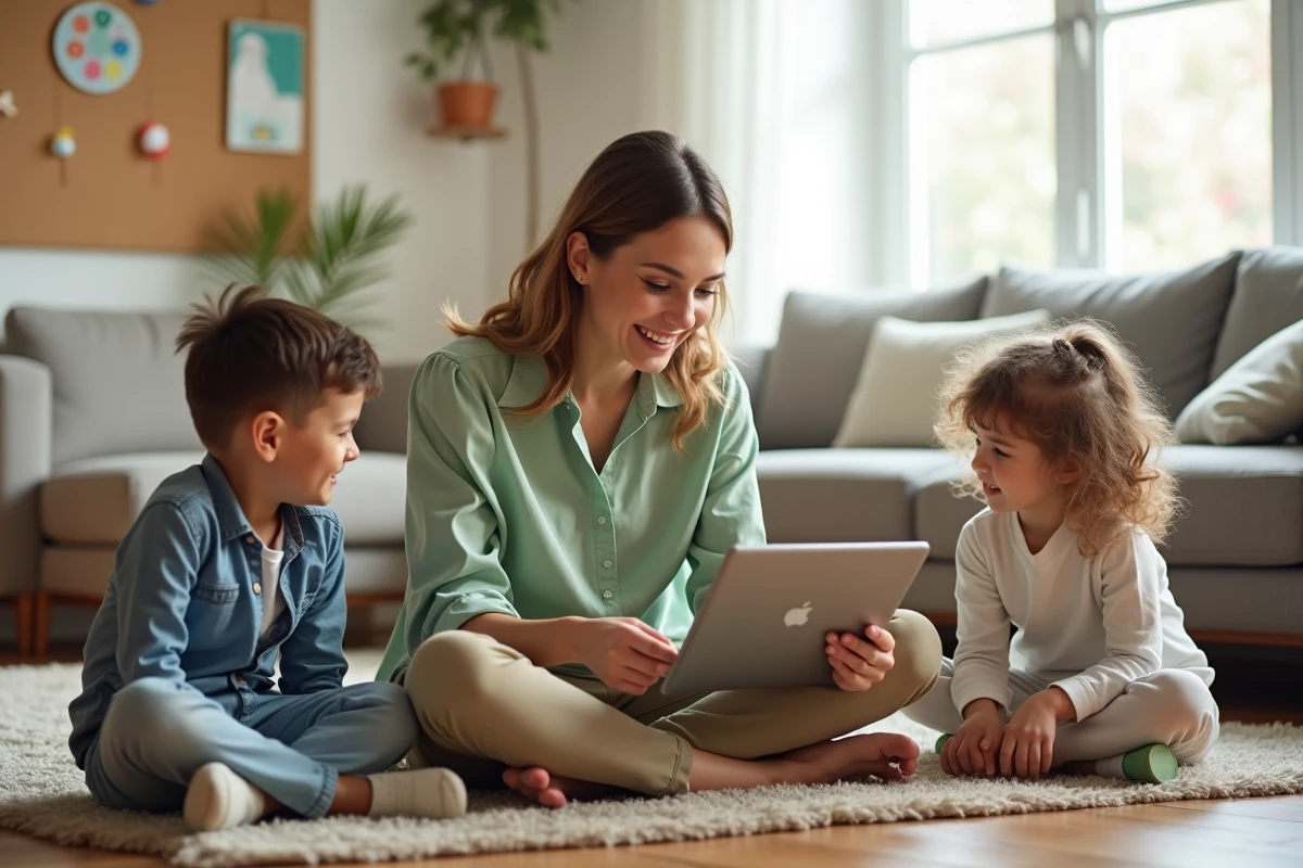 Nounou souriante montrant une application aux enfants