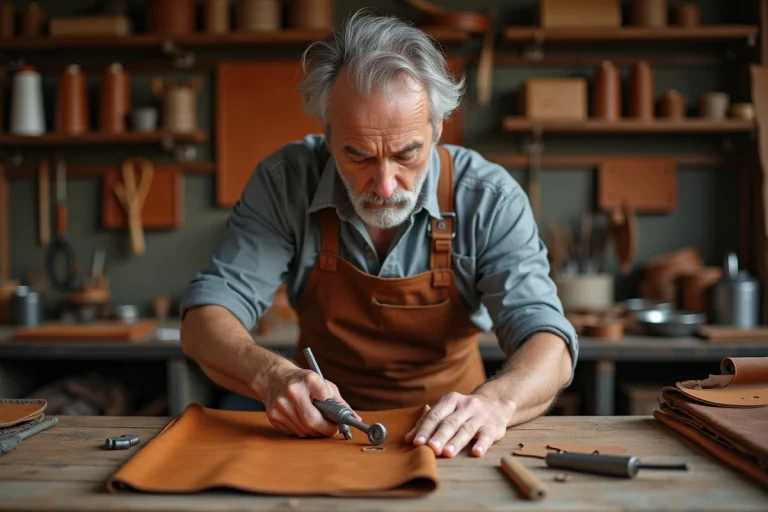 Artisan utilisant un emporte-pièce rotatif pour perforer du cuir végétal sur un établi en bois dans un atelier de maroquinerie