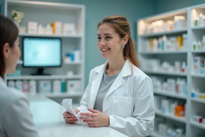 Pharmacienne en blouse blanche conseillant un client dans une officine pharmaceutique moderne