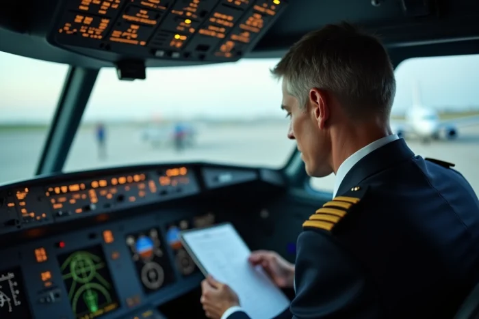 Pilote de ligne en uniforme dans le cockpit d'un avion commercial lors de la préparation au décollage