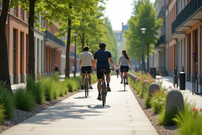 Groupe de cyclistes sur une piste cyclable urbaine réaménagée bordée de plantes sauvages et de façades haussmanniennes restaurées dans un quartier européen
