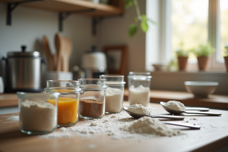 Planche de cuisine avec tasses de mesure et ingrédients