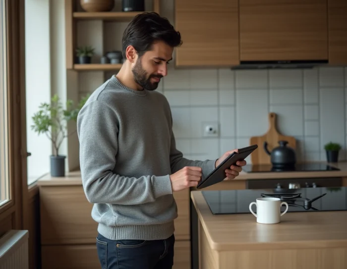 Professeur téléchargeant son bulletin de salaire depuis un portail administratif sur une tablette à domicile