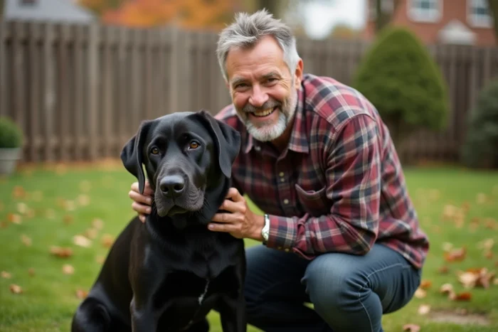 Homme d'âge mûr câlinant son labrador noir dans un jardin, illustrant le lien affectif entre propriétaire et animal de compagnie