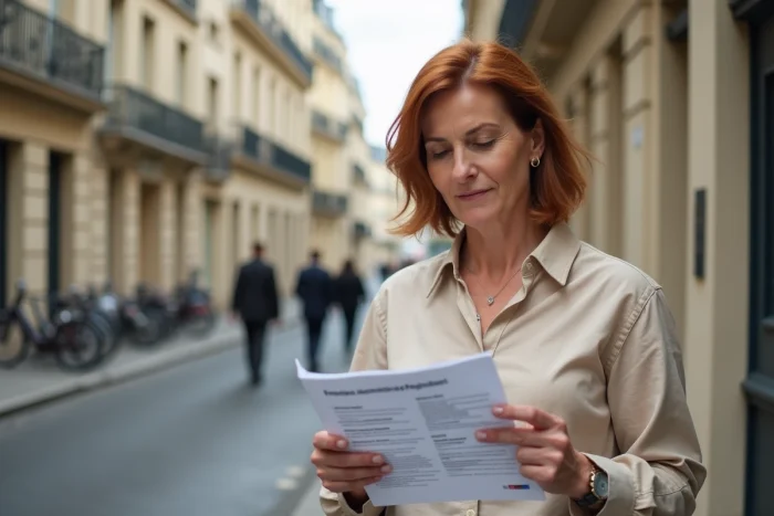Propriétaire française consultant un guide de sélection d'association de défense devant un immeuble parisien haussmannien