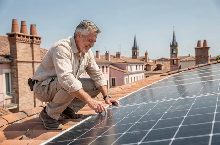 Propriétaire inspectant des panneaux solaires sur un toit en tuiles à Toulouse avec les toits rose brique en arrière-plan