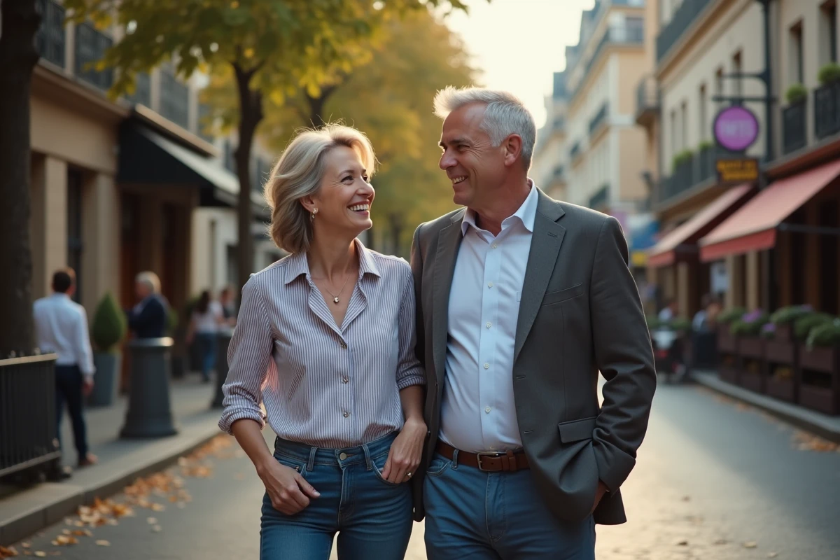 Femme souriante rencontrant un homme dans une rue parisienne
