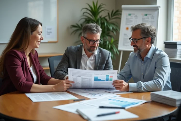 Groupe de propriétaires comparant différentes associations de défense des droits dans une salle de réunion moderne