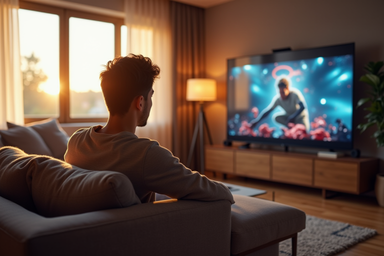 Salon moderne avec personne regardant la TV en streaming