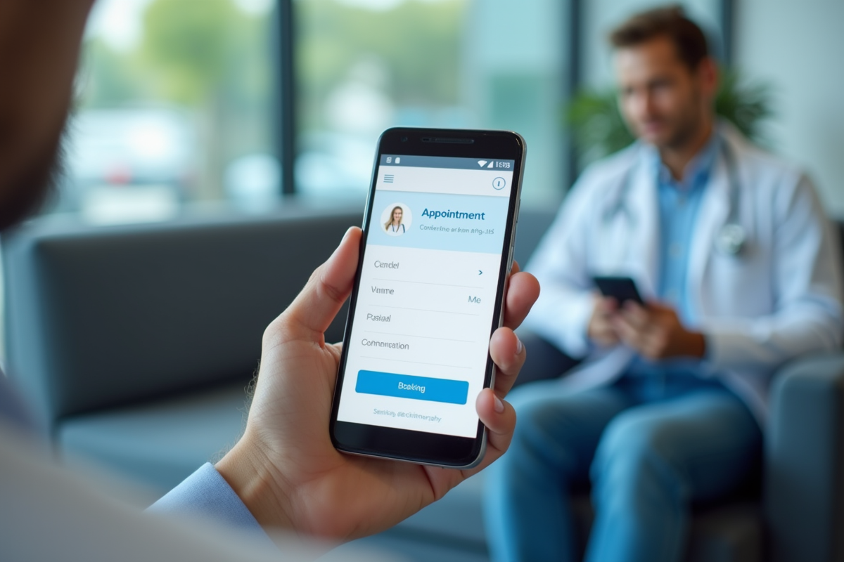 Main tenant un smartphone affichant confirmation de rendez-vous médical