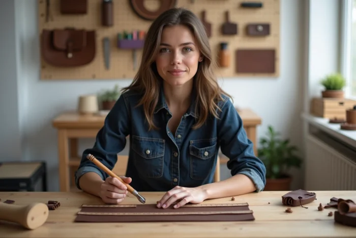 Jeune femme perforant du cuir avec un ciseau à trous et un maillet en bois dans un atelier de maroquinerie artisanale à domicile