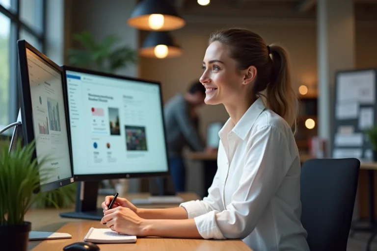 Femme professionnelle analysant des tendances web sur un grand écran dans un bureau moderne et créatif