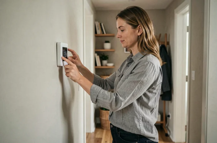 Femme réglant un thermostat intelligent dans un couloir d'appartement moderne