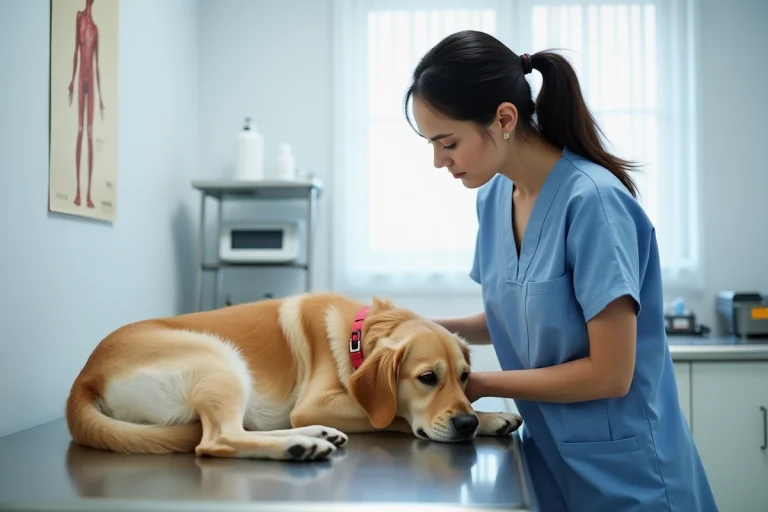 Vétérinaire examinant un golden retriever sur une table de consultation dans une clinique vétérinaire professionnelle