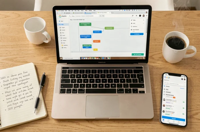 Vue aérienne d'un espace de travail avec laptop affichant un sitemap de site automobile et notes SEO manuscrites